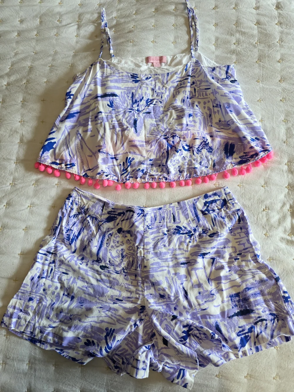 Lilly Pulitzer White & Blue Floral‎ Two-Piece Pink Pom Trim